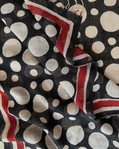 Hand-Block Printed Pure Linen Stole - Black & Beige Polka Dot with Madder Red Border