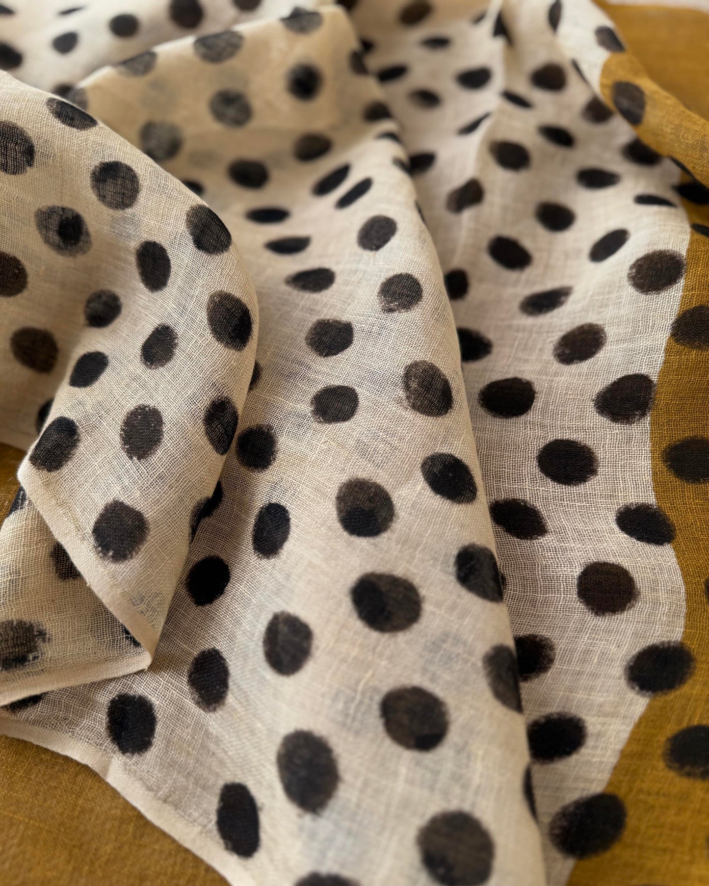 Hand-Block  Mustard & Cream Linen Stole – Dual-Tone Polka Dot Summer Stole with Tassels
