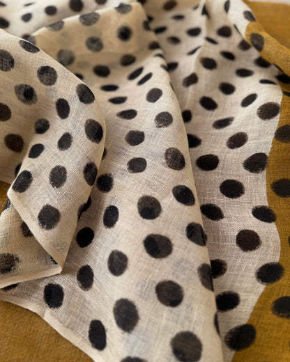Hand-Block  Mustard & Cream Linen Stole – Dual-Tone Polka Dot Summer Stole with Tassels