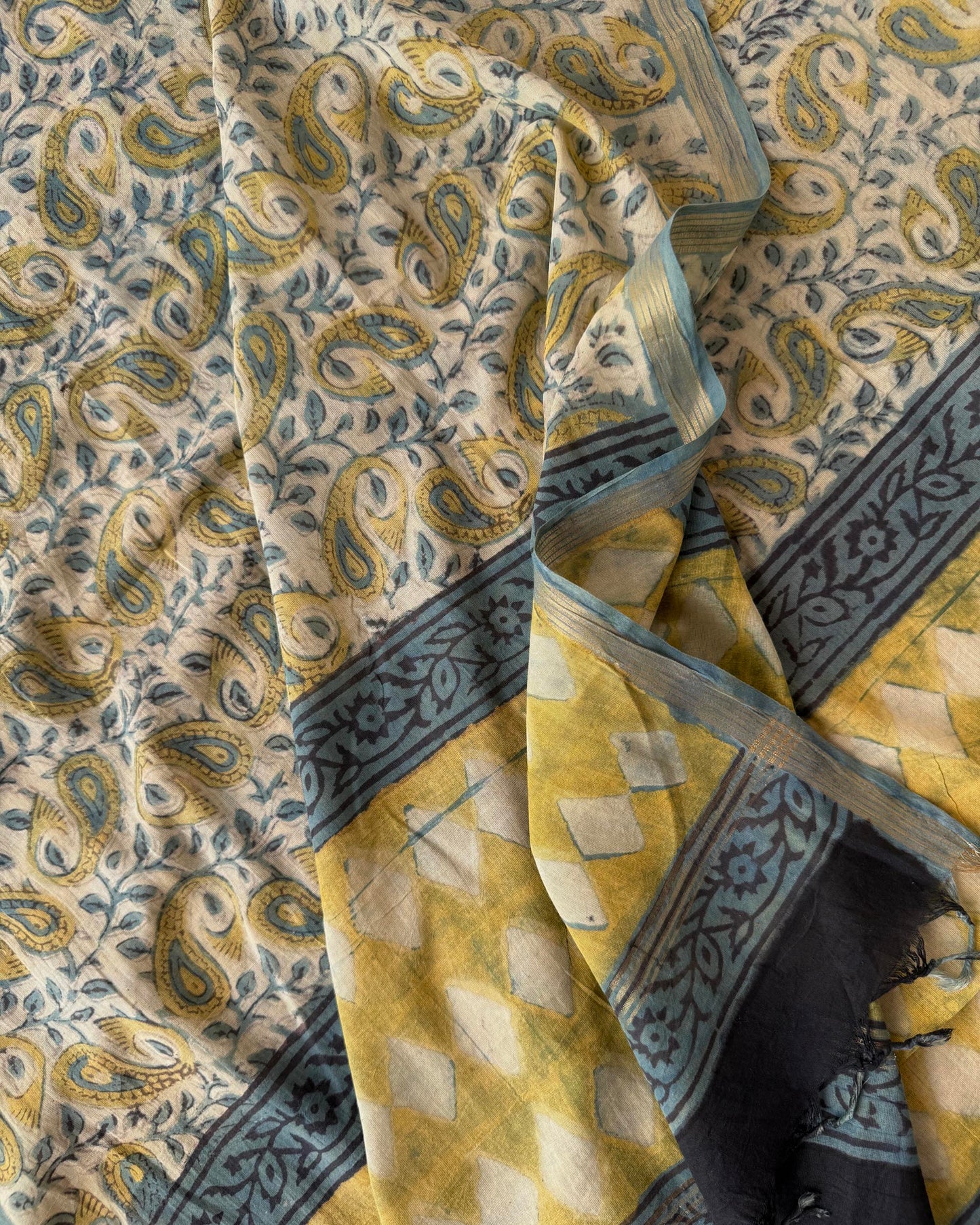Hand-Block Cotton  Dupatta – Olive Green & Mustard Paisley Wrap with Geometric Border