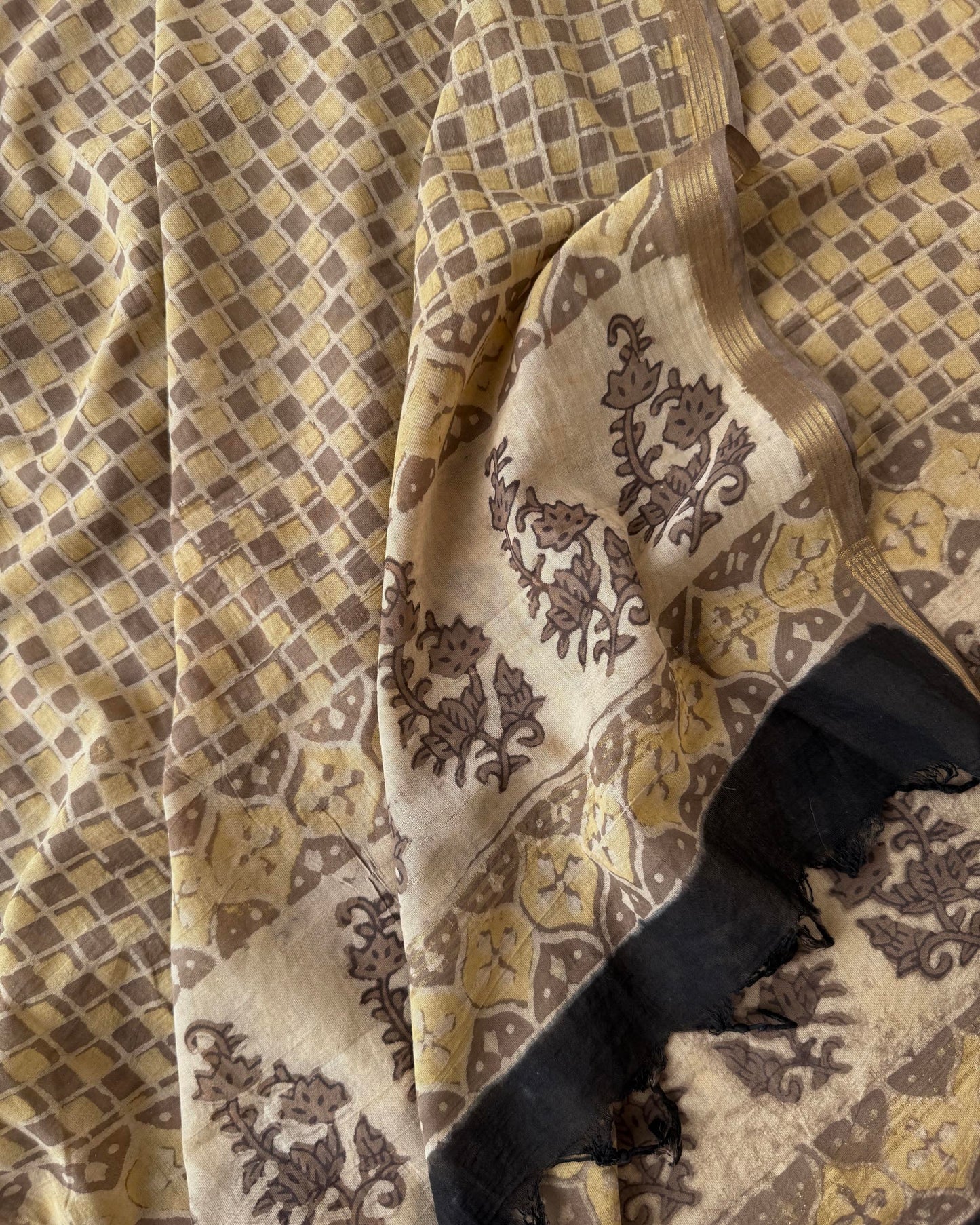 Earthy Hand-Block Printed Cotton  Dupatta with Geometric & Floral Motifs