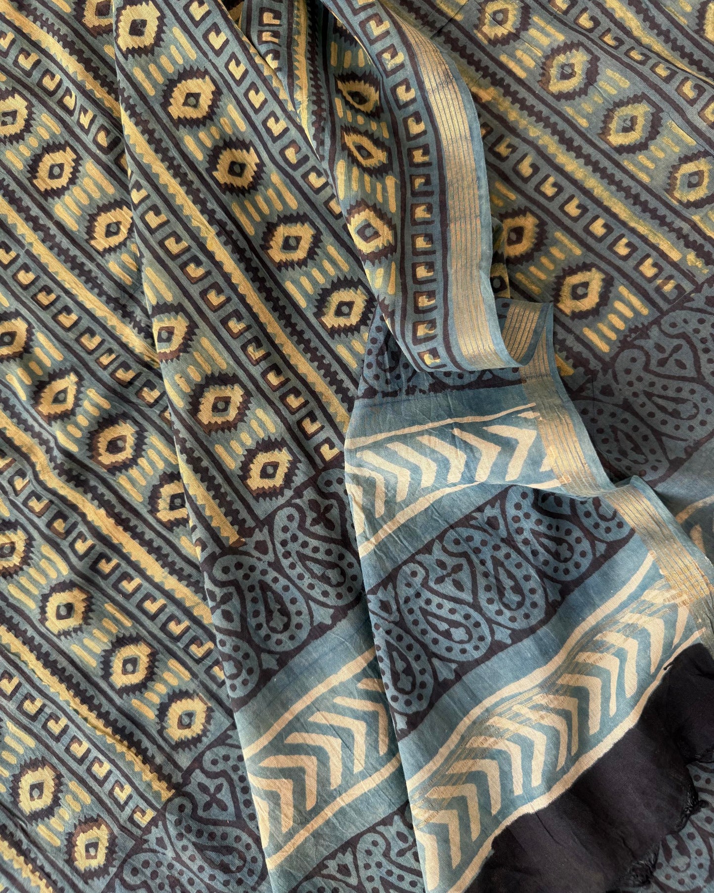 Indigo & Olive Hand-Block Ajrakh Printed Cotton  Dupatta with Zari Border