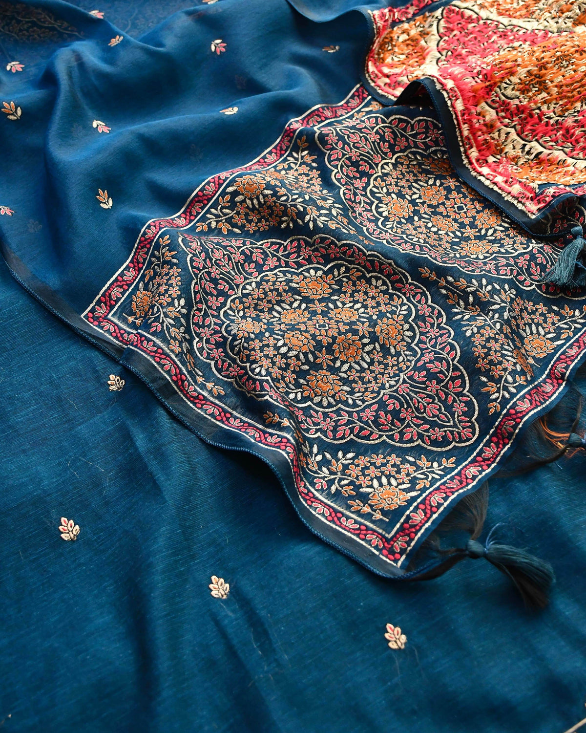 Handloom Chanderi Silk Unstitched Suit Set with Jamawar Weave Neckline & Dupatta
