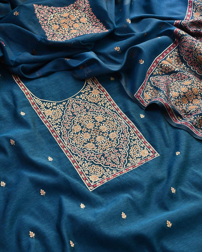 Handloom Chanderi Silk Unstitched Suit Set with Jamawar Weave Neckline & Dupatta