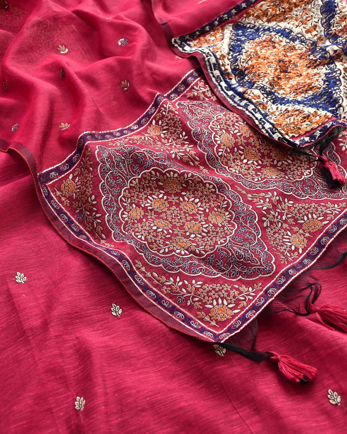 Handloom Chanderi Silk Unstitched Suit Set with Jamawar Weave Neckline & Dupatta