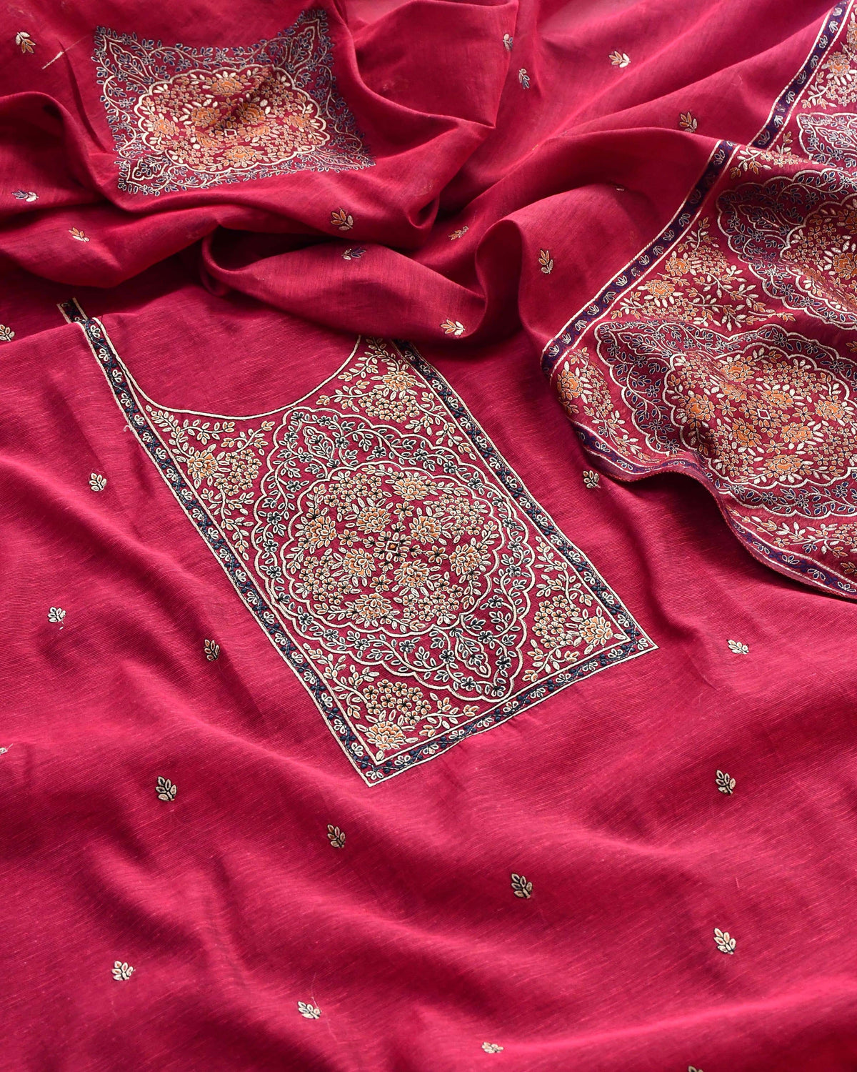 Handloom Chanderi Silk Unstitched Suit Set with Jamawar Weave Neckline & Dupatta