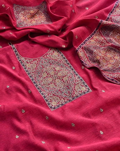 Handloom Chanderi Silk Unstitched Suit Set with Jamawar Weave Neckline & Dupatta