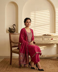 Handloom Chanderi Silk Unstitched Suit Set with Jamawar Weave Neckline & Dupatta