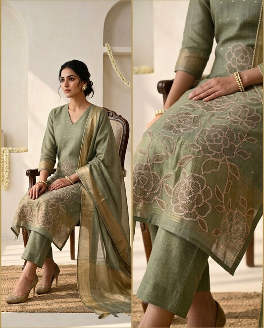 Handloom Banarasi Silk Unstitched Suit with Cut-Work Floral Embroidery