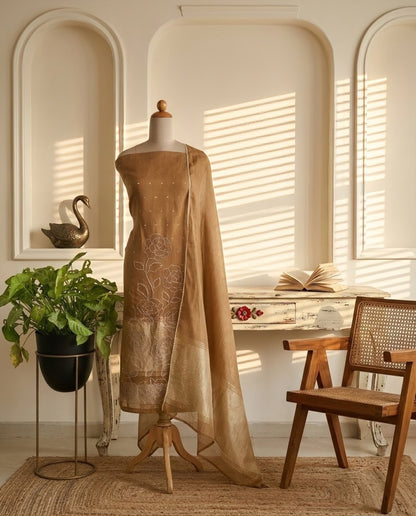 Handloom Banarasi Silk Unstitched Suit with Cut-Work Floral Embroidery