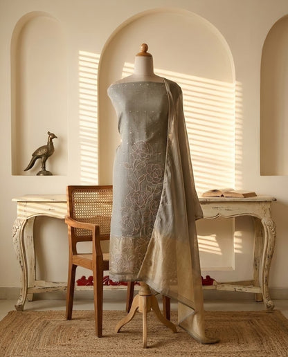Handloom Banarasi Silk Unstitched Suit with Cut-Work Floral Embroidery