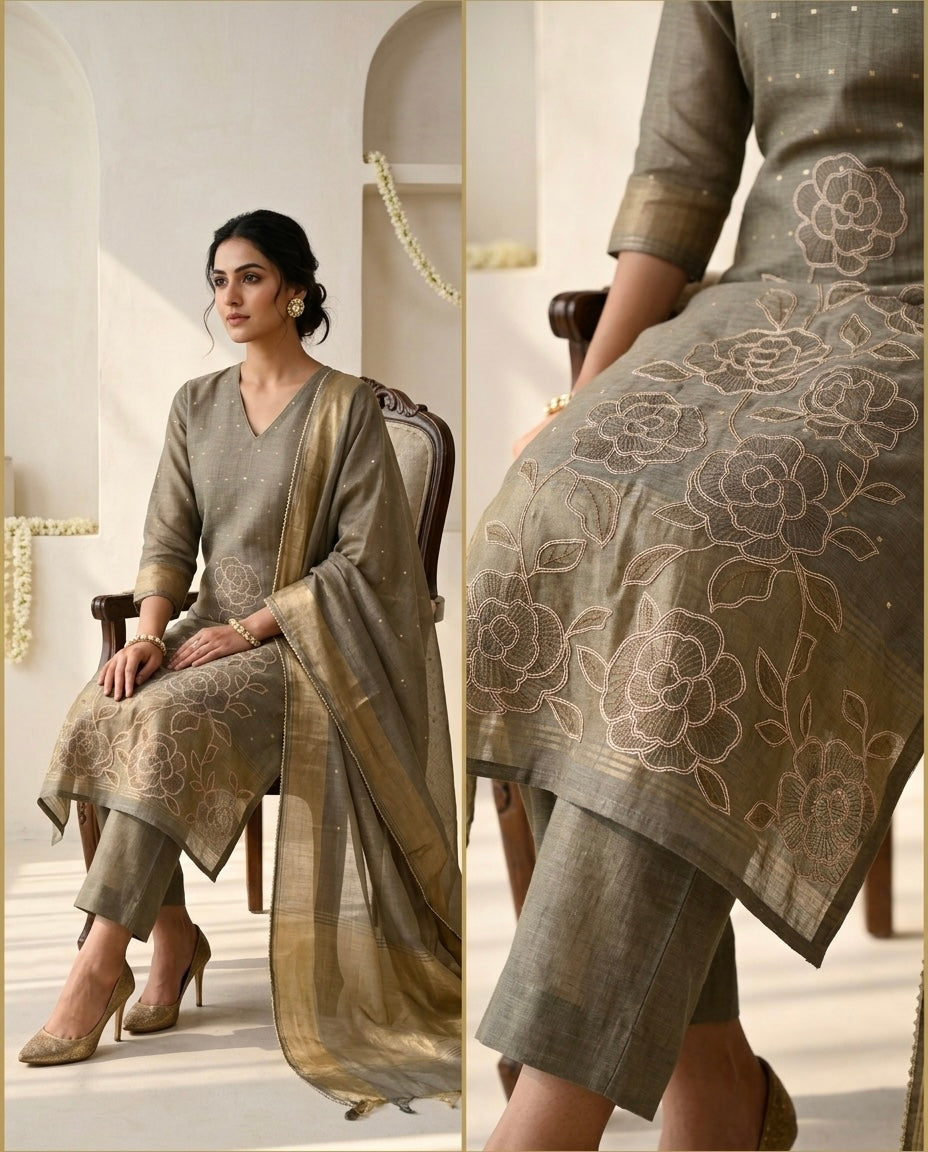Handloom Banarasi Silk Unstitched Suit with Cut-Work Floral Embroidery