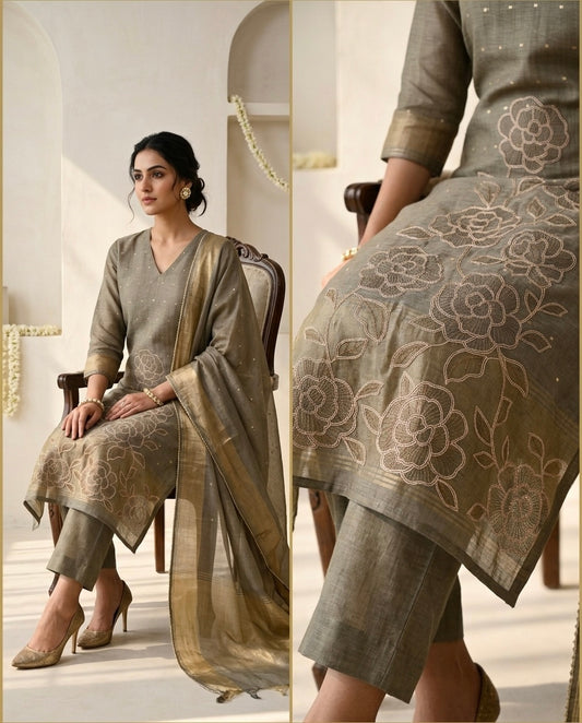 Handloom Banarasi Silk Unstitched Suit with Cut-Work Floral Embroidery