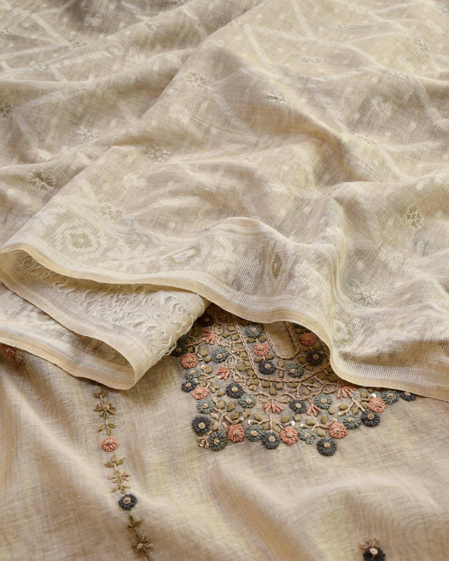 Premium Chanderi Cotton Silk Unstitched Suit | Floral Hand Embroidery