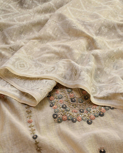 Premium Chanderi Cotton Silk Unstitched Suit | Floral Hand Embroidery
