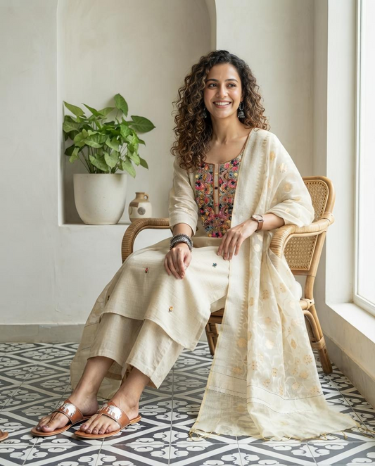 Premium Chanderi Cotton Silk Unstitched Suit | Floral Hand Embroidery