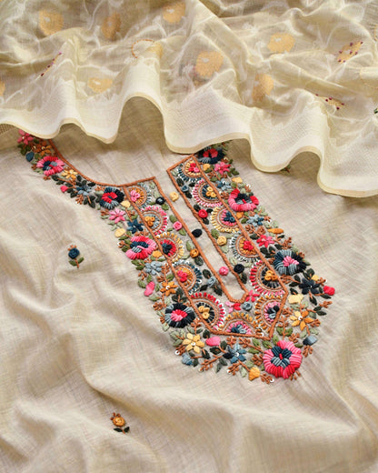 Premium Chanderi Cotton Silk Unstitched Suit | Floral Hand Embroidery