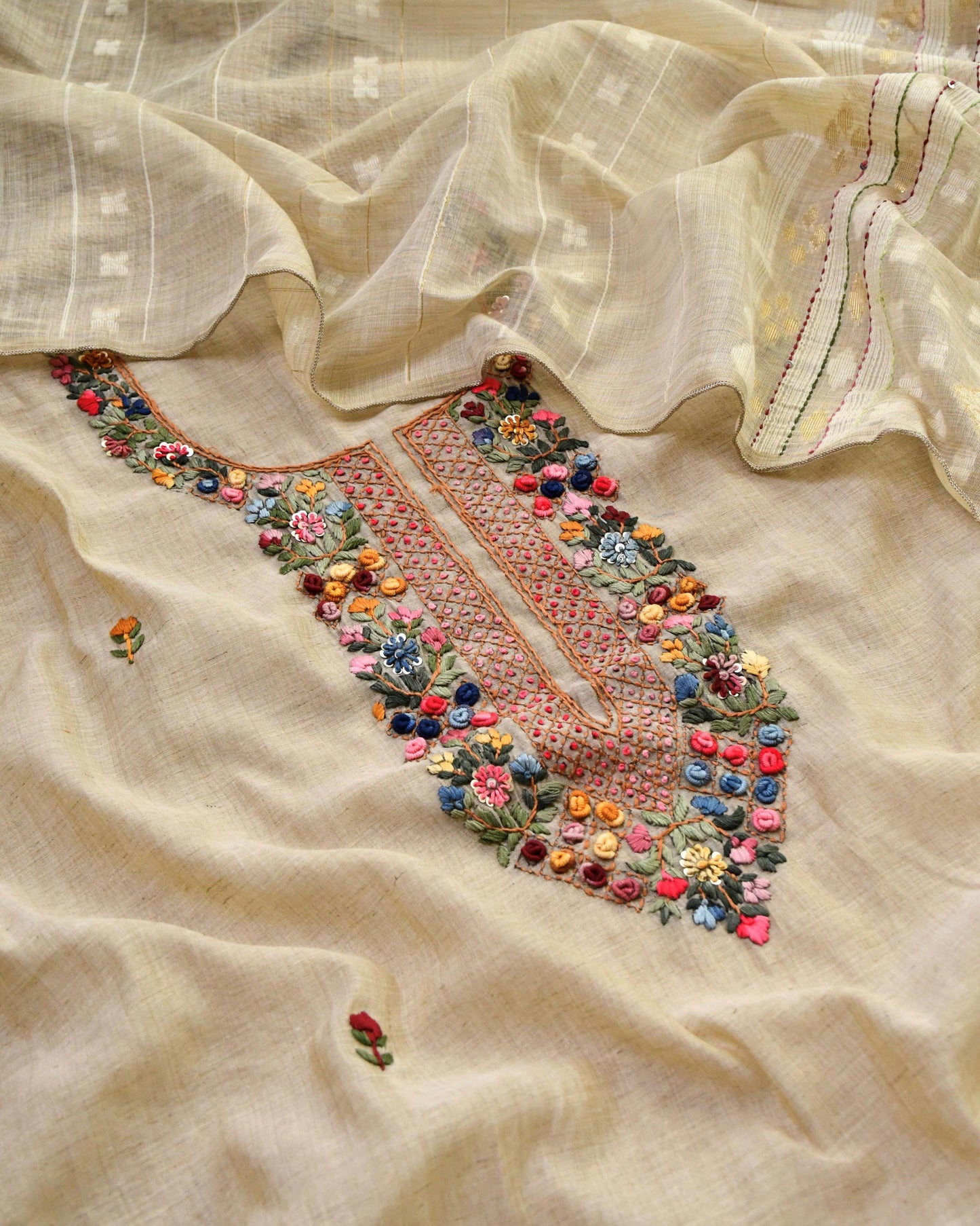 Premium Chanderi Cotton Silk Unstitched Suit | Floral Hand Embroidery