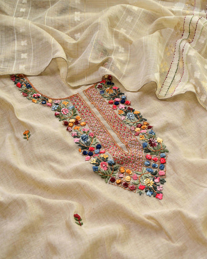Premium Chanderi Cotton Silk Unstitched Suit | Floral Hand Embroidery