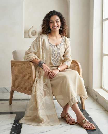 Premium Chanderi Cotton Silk Unstitched Suit | Floral Hand Embroidery