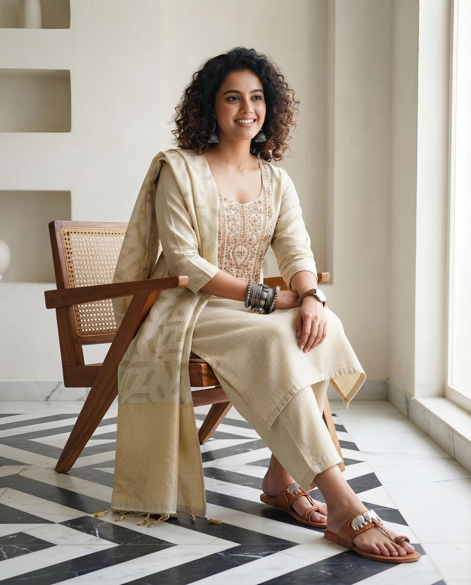 Premium Chanderi Cotton Silk Unstitched Suit | Floral Hand Embroidery