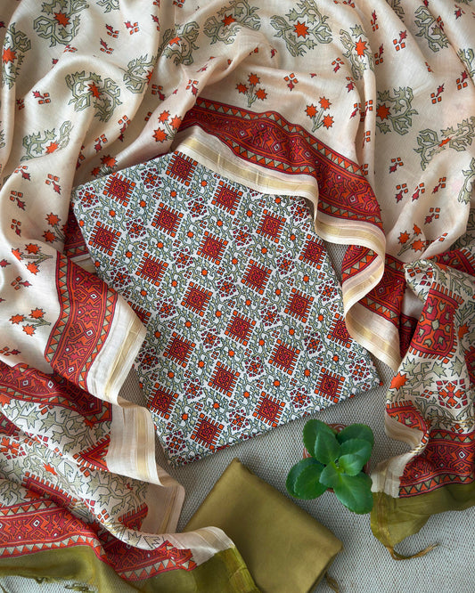 Premium Cotton Chanderi  Unstitched Suit Set