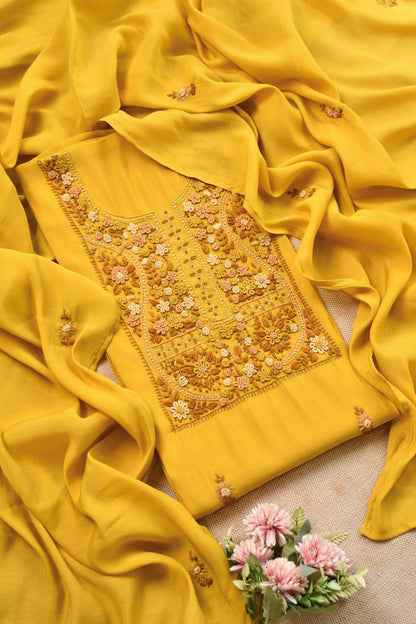 Pure Mul Chanderi Hand Embroidered unstitched Suit