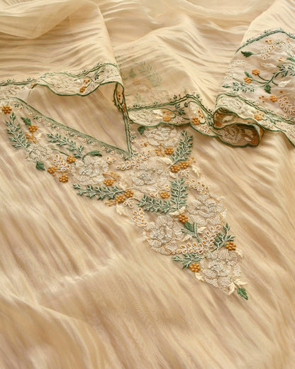 Embroidered Crushed Tissue Silk Unstitched Suit Set with Scalloped Dupatta