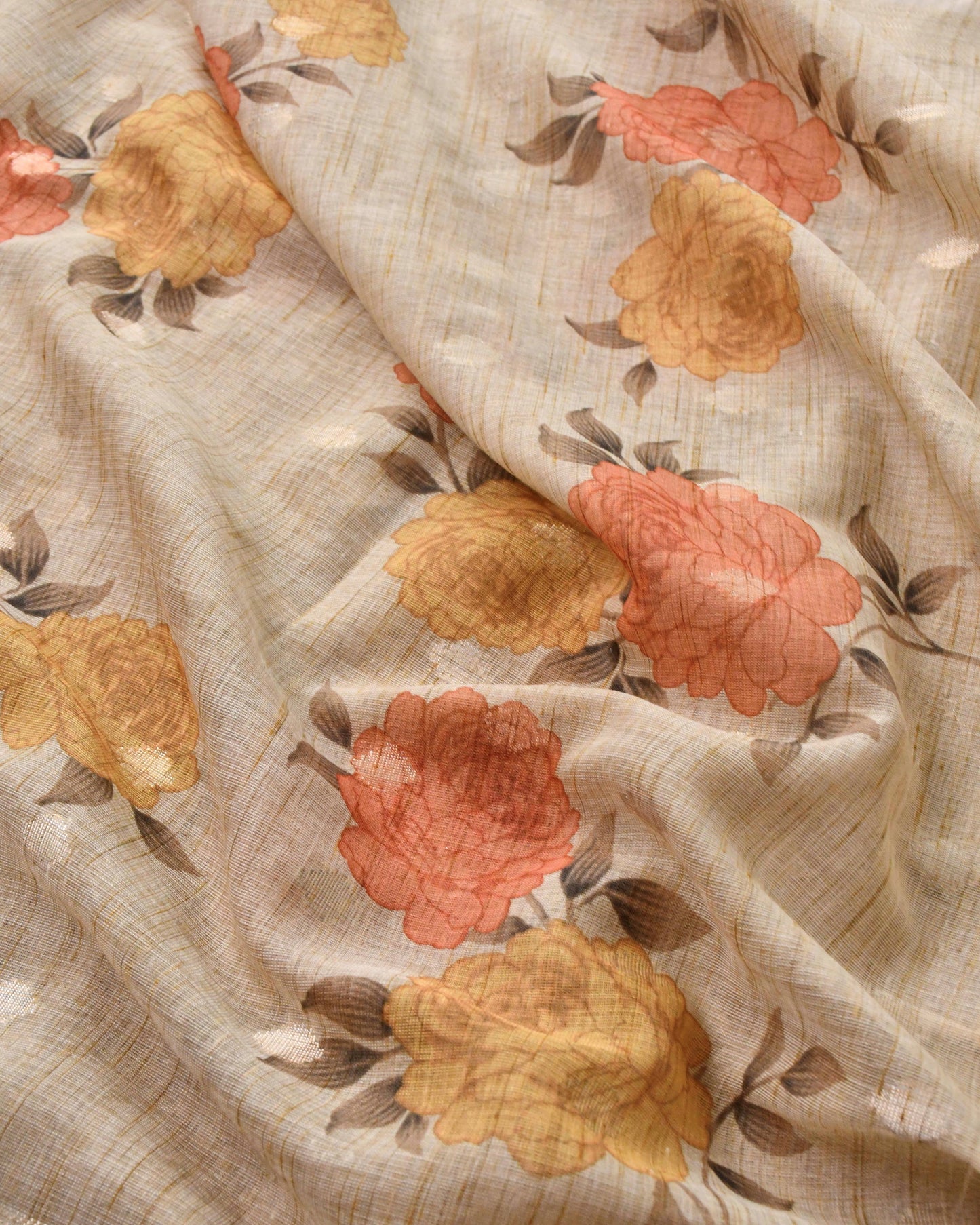 Khadi Linen Unstitched Suit with Hand-Embroidered Floral Neckline & Digital Print Dupatta