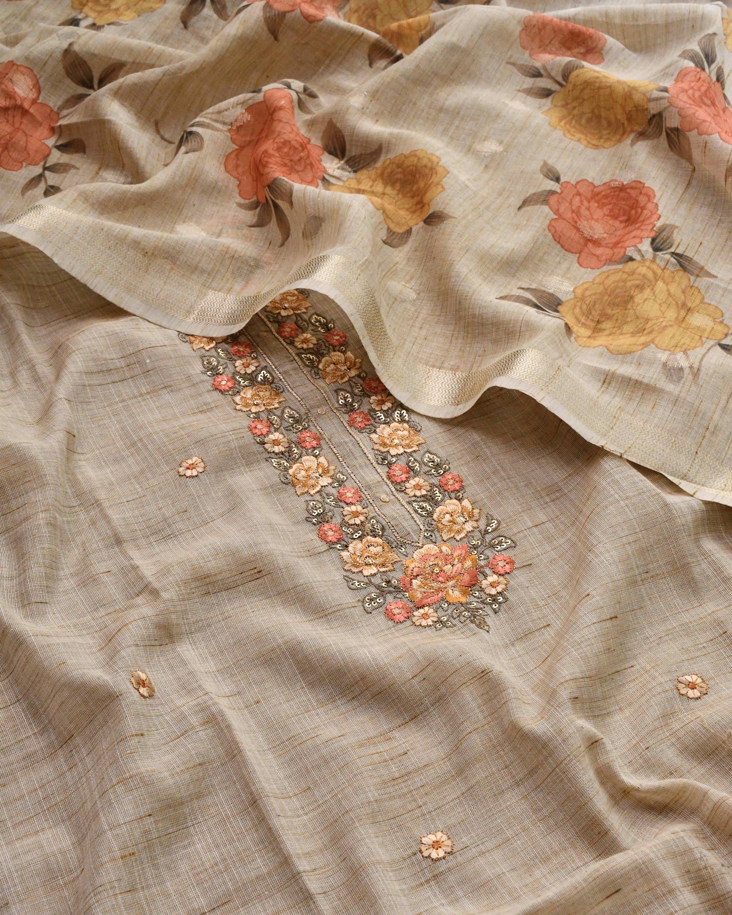 Khadi Linen Unstitched Suit with Hand-Embroidered Floral Neckline & Digital Print Dupatta