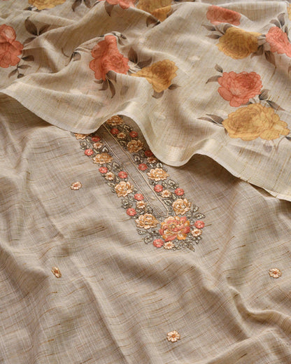 Khadi Linen Unstitched Suit with Hand-Embroidered Floral Neckline & Digital Print Dupatta