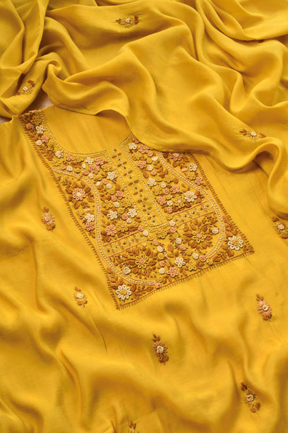 Pure Mul Chanderi Hand Embroidered unstitched Suit