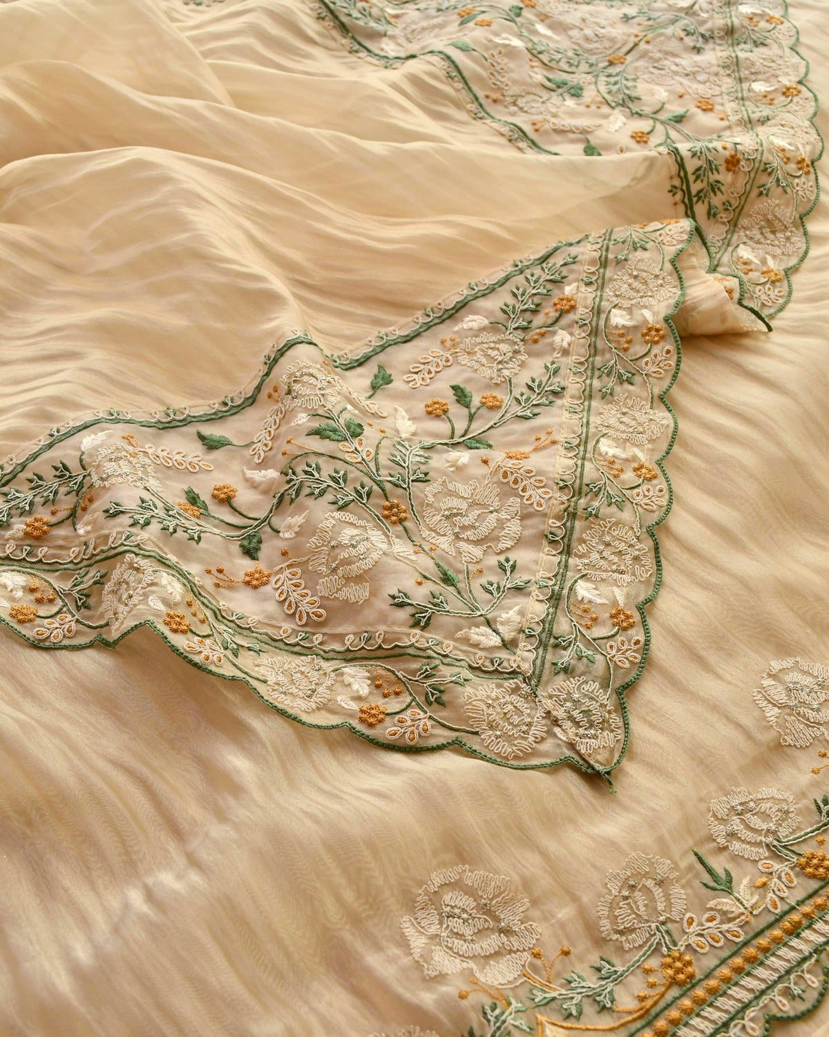 Embroidered Crushed Tissue Silk Unstitched Suit Set with Scalloped Dupatta