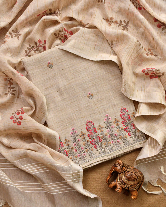 Khadi Linen Unstitched Suit with Hand-Embroidered Floral Neckline & Digital Print Dupatta