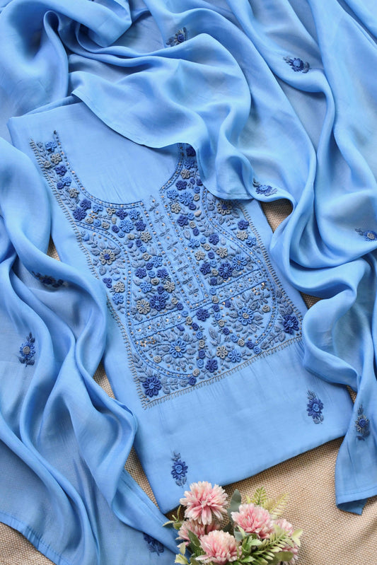 Pure Mul Chanderi Hand Embroidered unstitched Suit