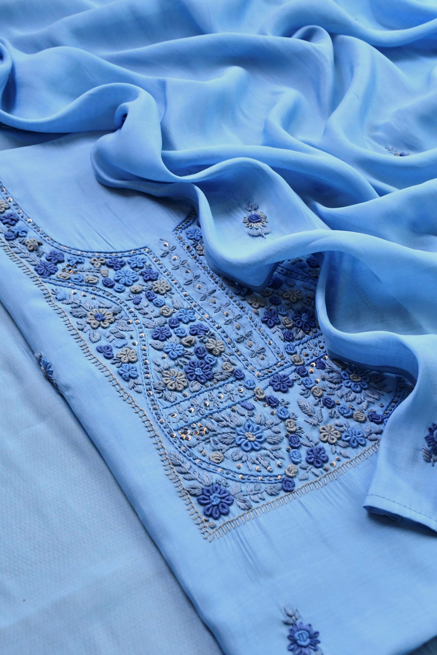 Pure Mul Chanderi Hand Embroidered unstitched Suit