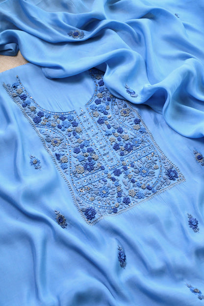 Pure Mul Chanderi Hand Embroidered unstitched Suit