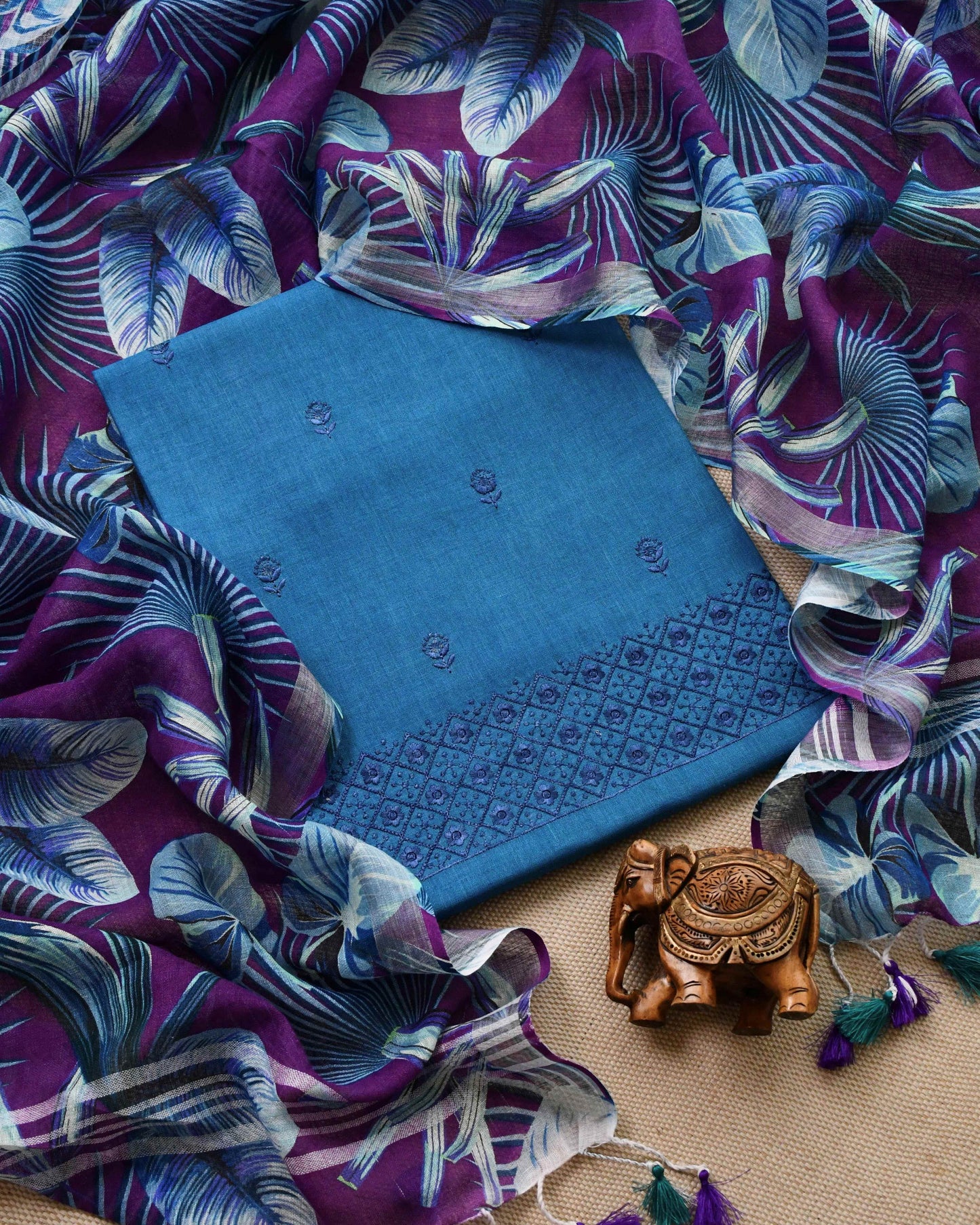 Pure Linen Embroidered Unstitched Suit with Floral Digital Print Dupatta