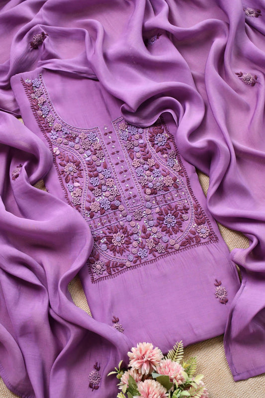 Pure Mul Chanderi Hand Embroidered unstitched Suit