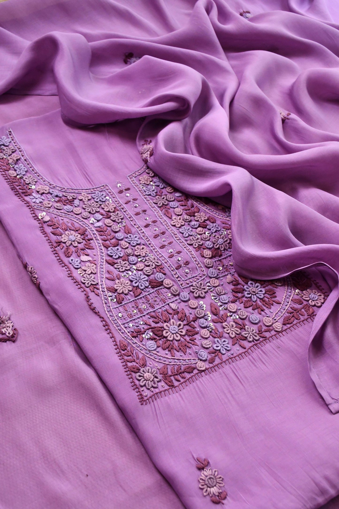 Pure Mul Chanderi Hand Embroidered unstitched Suit