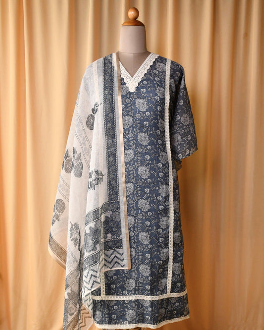 Linen Lace Work Unstitched Suit