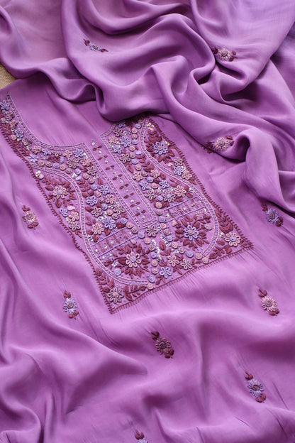 Pure Mul Chanderi Hand Embroidered unstitched Suit