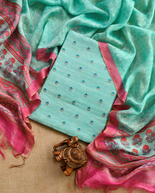 Linen Silk Embroidered Unstitched Suit