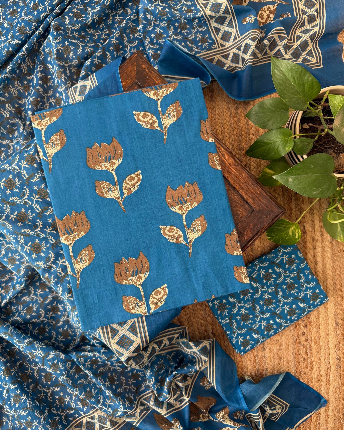 Indigo Blue Floral Print Premium Cotton Unstitched Suit Set