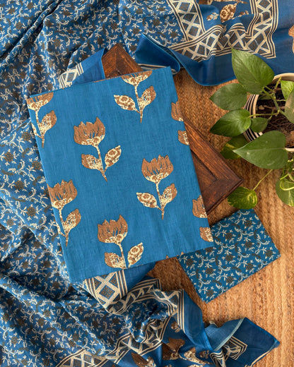 Indigo Blue Floral Print Premium Cotton Unstitched Suit Set