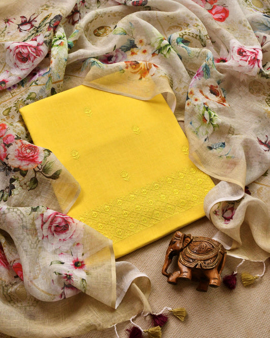 Pure Linen Embroidered Unstitched Suit with Floral Digital Print Dupatta – Sunshine Yellow