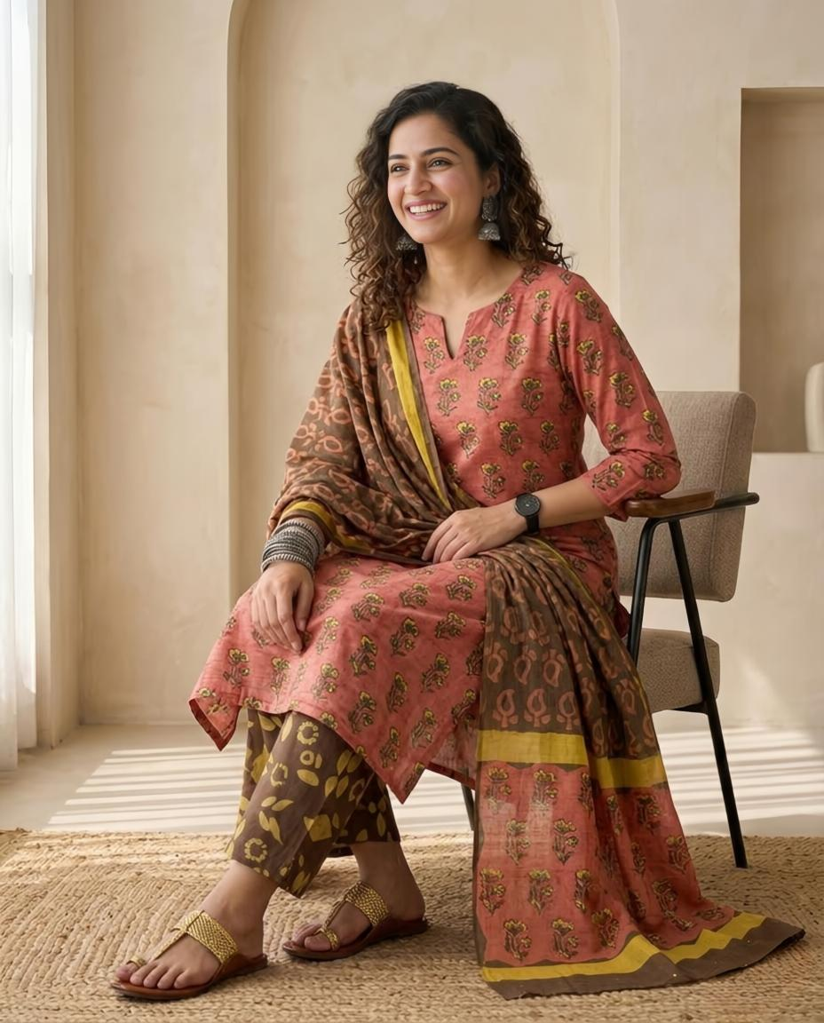 Natural Pomegranate Dye Premium Cotton Unstitched Suit Set