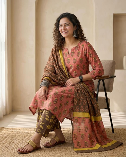 Natural Pomegranate Dye Premium Cotton Unstitched Suit Set