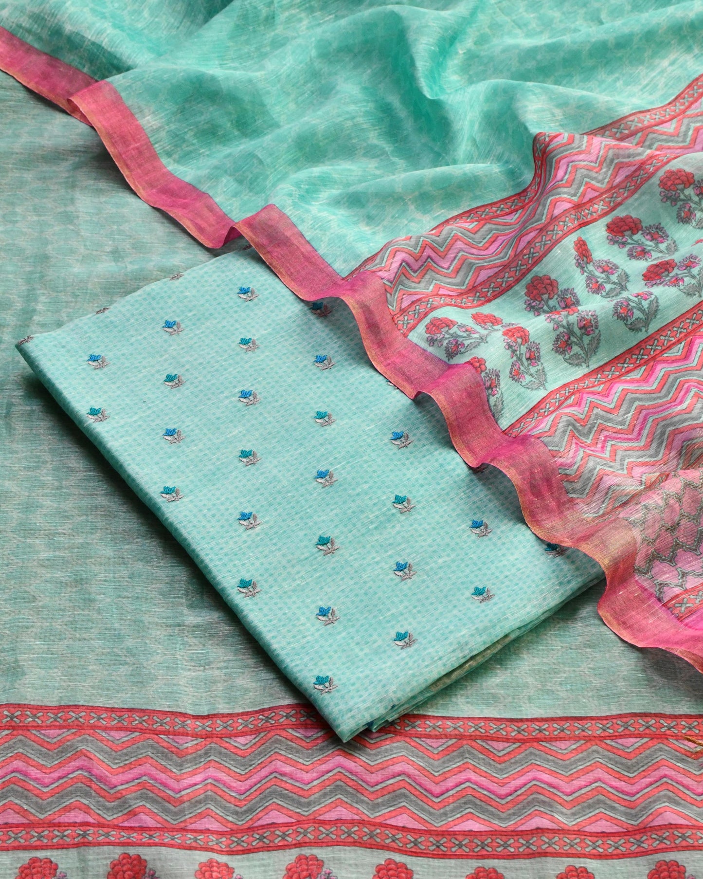 Linen Silk Embroidered Unstitched Suit
