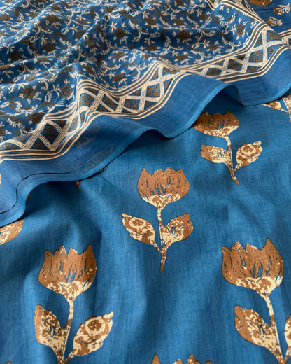 Indigo Blue Floral Print Premium Cotton Unstitched Suit Set